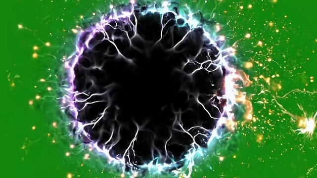 Electric Purple Plasma Ring Web with Branching Lightning and Glowing Particles on Green Screen