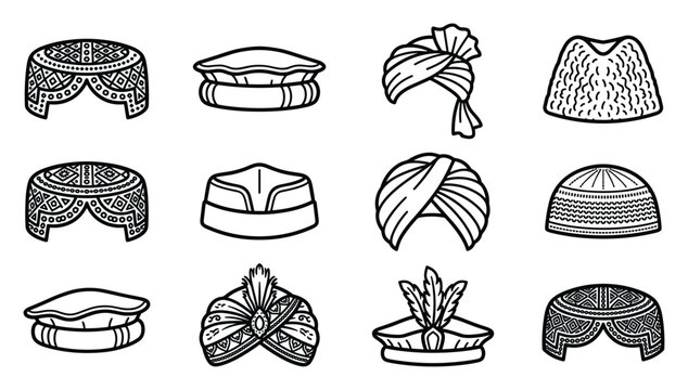 14th August Pakistan Independence Day traditional headwear vector set, Pakistani sindhi cap pagri turban chitrali kulla balochi hat line art icons for patriotic cultural heritage design