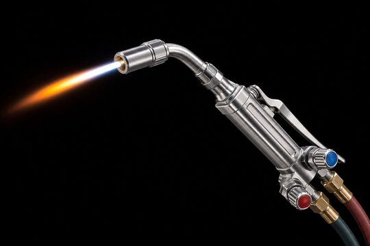 A silver welding torch emitting a bright flame on a dark background.