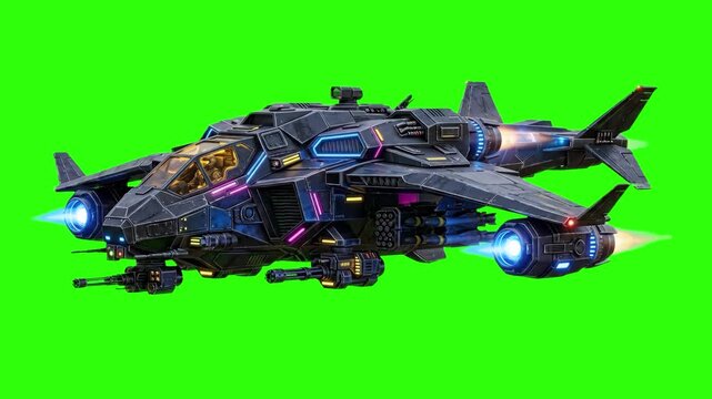 A detailed 3D model of a futuristic armored military spaceship dropship flying horizontally with glowing blue thrusters, isolated on a solid green chroma key background. Ideal for science fiction visu