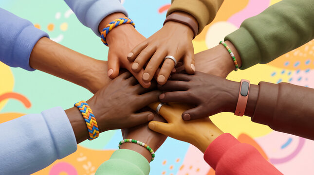 3D clay-style illustration of diverse hands with different skin tones and bracelets stacking on top of each other in a circle, symbolizing unity and teamwork.