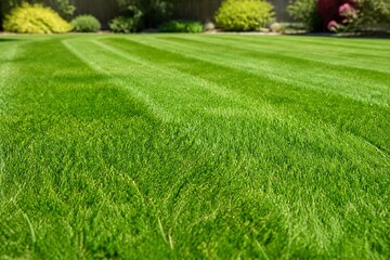 Fototapeta premium Close-up of garden lawn with fresh grass patterns, bathed in natural sunlight.