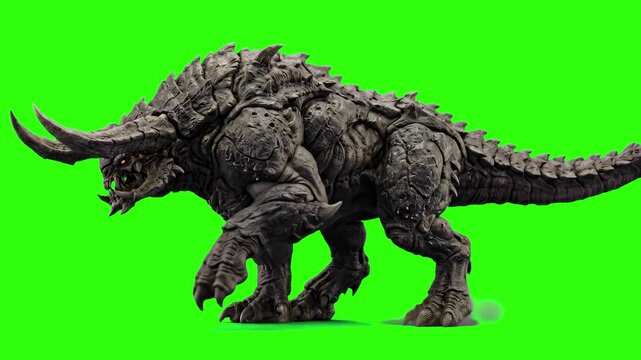 Heavy armored prehistoric or alien monster walking, shown in side view and isolated on a bright green screen chroma key background. Excellent for kaiju movie scenes, monster battle VFX overlays, video
