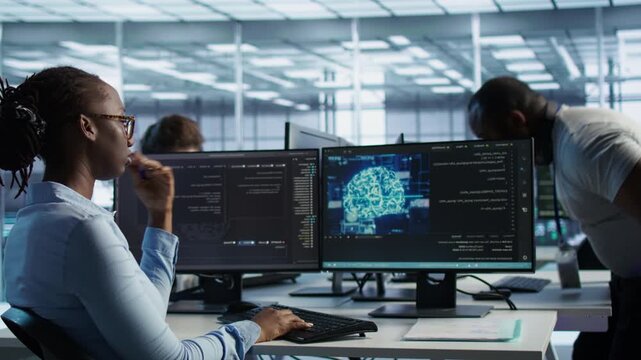 Data center engineer waiting at PC desk for checkup to be done on server room from a secondary camera angle while connecting protected data, access control and server room reliability.