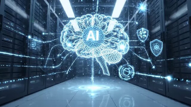 Futuristic Artificial Intelligence Brain Hologram Glowing Inside Modern Server Room Datacenter Digital Network