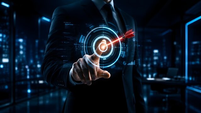 Businessman pointing a glowing red dart into a futuristic digital target hologram representing precision business strategy and achieving corporate financial goals.