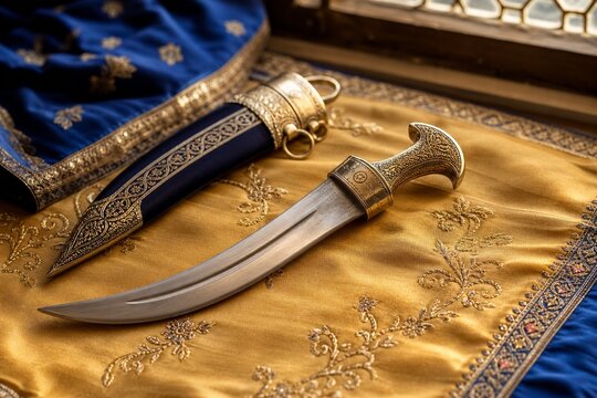 Ornamental kirpan on embroidered silk, cultural tradition and respect concept.
