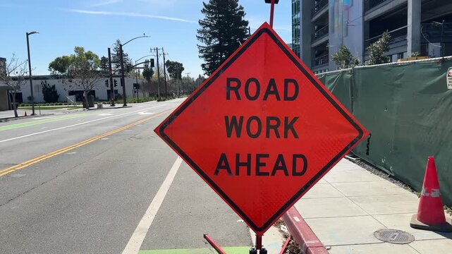 Road Work Ahead Sign with Traffic Cones