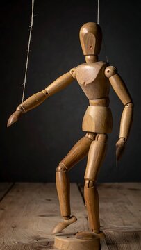 A wooden articulated figure, puppet-like, hangs against a dark background, its joints visible and strings attached for control. It stands on wood