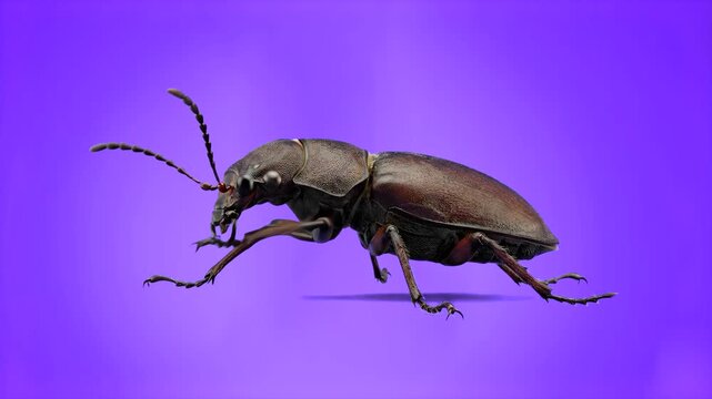 High-detail 3D render of a longhorn beetle standing and cleaning its front leg, set against a smooth purple background. Great for creative nature promotions, educational banners, insect study graphics