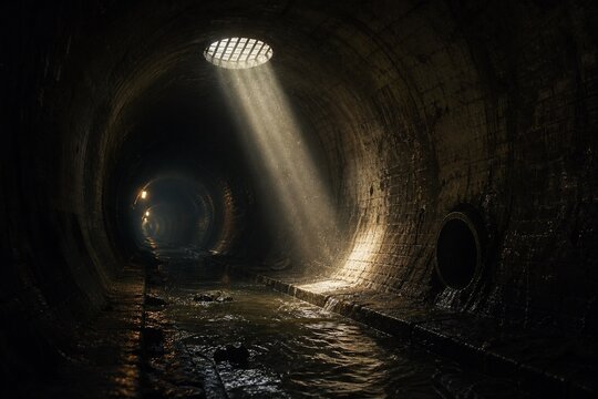 Sunbeam shining through a street grate into a drainage tunnel.