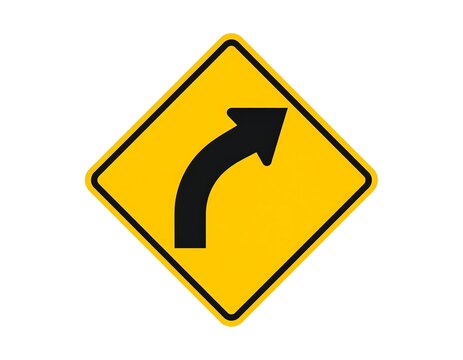 A yellow diamond road sign displays a black curved arrow pointing to the upper right. The sign signifies a curve in the road ahead