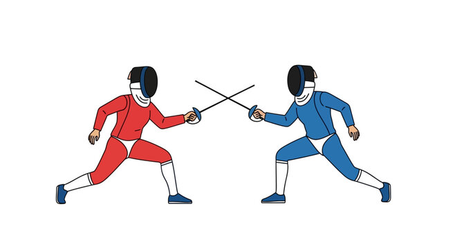 Two Fencers in Red and Blue Uniforms Sparring with Swords