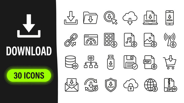 Collection of 30 minimalist line icons for UI design and apps, a versatile vector icon pack for web and mobile interfaces