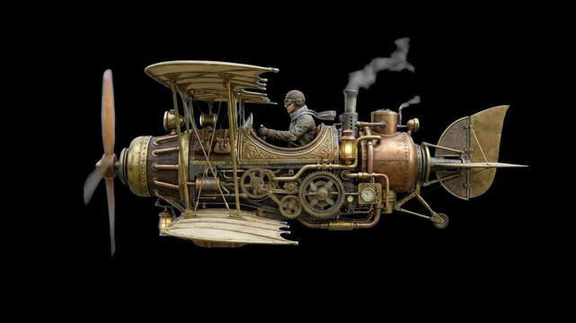 A 3D animated steampunk flying machine featuring an aviator pilot and mechanical wings moves against a dark black background. Great for video compositing, sci-fi animation, and creative visual project