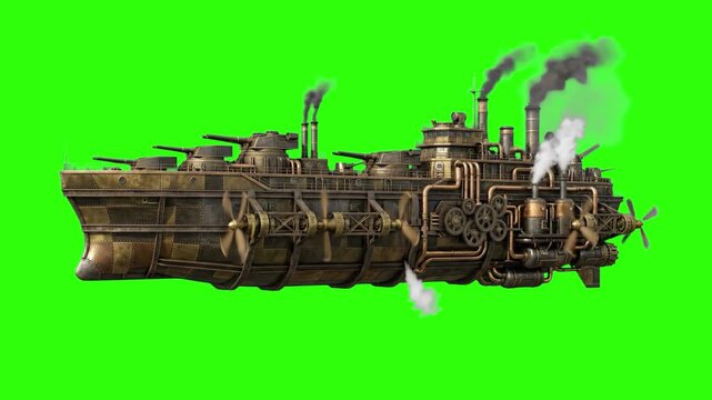 A detailed 3D steampunk flying battleship moves across a solid green screen background with emitting steam and rotating elements. Designed for easy chroma keying, VFX keying, and sci-fi video editing.