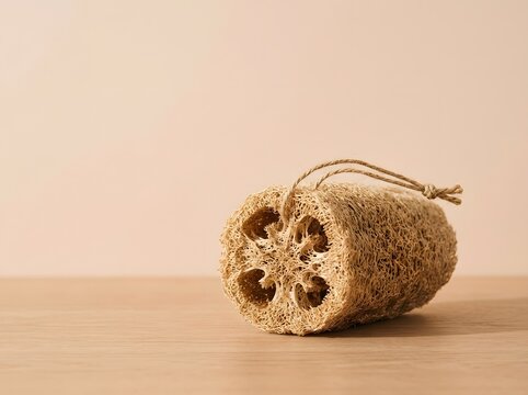 Natural loofah sponge on wooden surface with neutral background