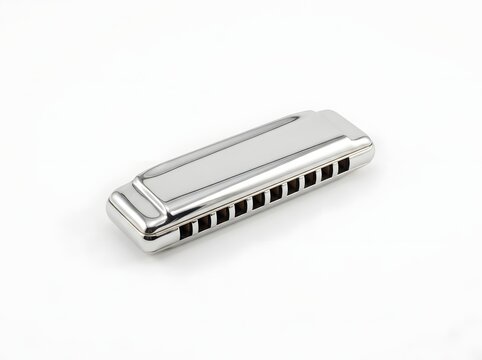 Silver harmonica with multiple holes on white surface