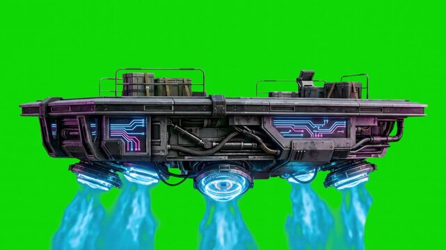 A futuristic cyberpunk flying platform with glowing blue anti-gravity thrusters levitating isolated on a solid green chroma key background. Ideal for sci-fi video games, futuristic cityscape visual ef