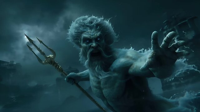 Greek mythology sea god Poseidon. Fantasy. A dark, atmospheric portrayal of a menacing creature, likely a mythical or mythological figure, set against a stormy backdrop.