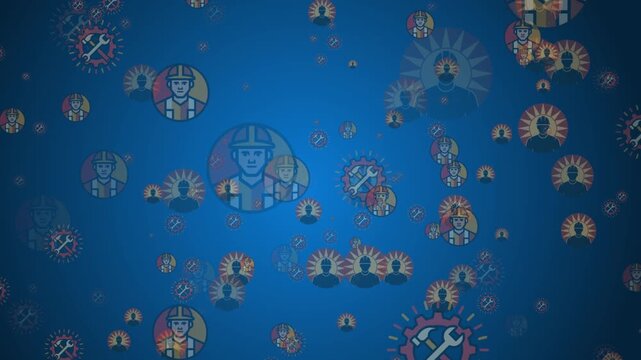 Blue background with animated floating icons representing online technical support workers and engineering team network for digital collaboration
