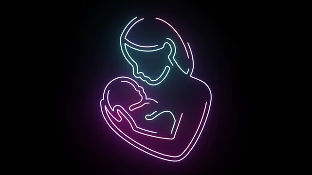 Neon glowing silhouette art featuring a loving mother holding her newborn baby against a dark background in a soft continuous line art animation style