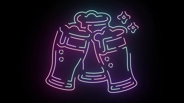 Neon Beer Glasses Toasting Animated Sign Glowing with Vibrant Pink and Blue Light Lines on a Pitch Black Background for Nightlife Bar Atmosphere