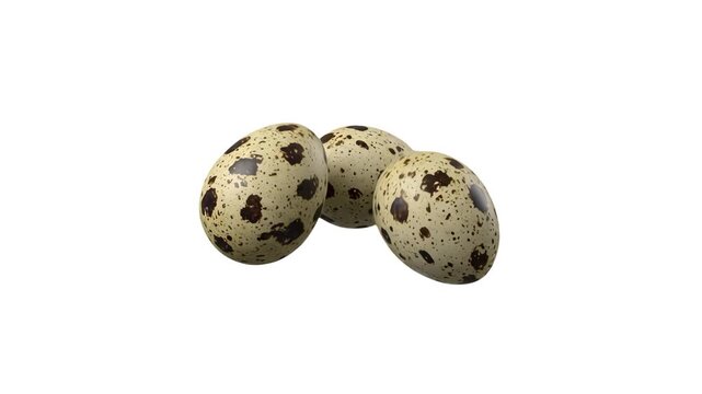 Three spotted quail eggs clustered and floating against a clean, seamless white background. Perfect for culinary packaging, food blogs, and healthy recipe presentations.