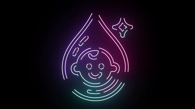 Neon Baby Icon Glowing with Water Drop Symbol Animated Line Art for Pediatric Clinic Maternity Care and Gentle Infant Hygiene Product Branding Motion
