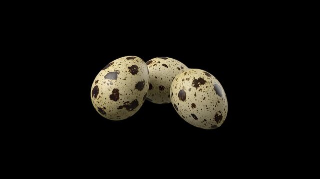 A clean 3D render of three raw quail eggs with characteristic brown spots, resting together on a solid black background. Perfect for gourmet recipe banners, dark-mode food layouts, agricultural packag