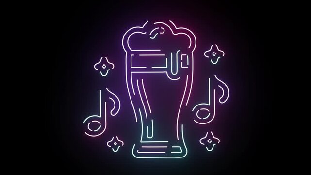 Vibrant Neon Beer Glass Sign Featuring Musical Notes And Decorative Stars Glowing With Smooth Color Transitions On A Deep Solid Black Background