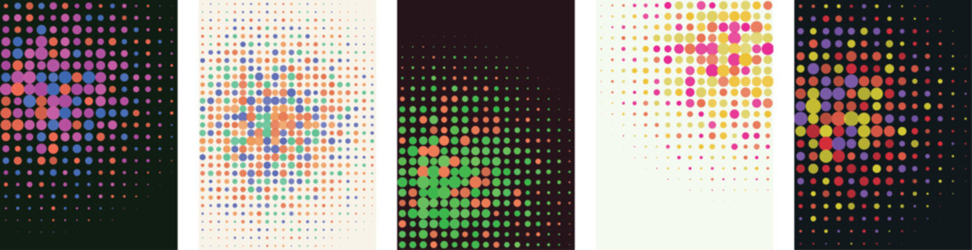 A vibrant colorful halftone poster set featuring abstract geometric dot patterns with modern digital textures for creative graphic design and artistic backgrounds