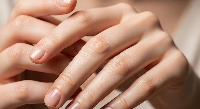 Close-up of a persons interlocked hands resting gently together.