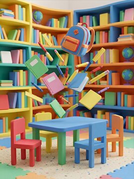School supplies floating in classroom