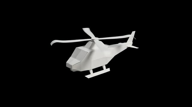 Low-poly 3D render of a folded white paper origami helicopter isolated on a solid dark black background. Perfect for creative paper craft animations, metaphorical business flight concepts, high-contra
