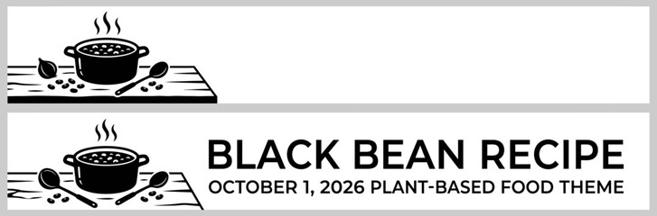 Fototapeta premium Black bean recipe banner with cooking pot illustration for plant based food theme.