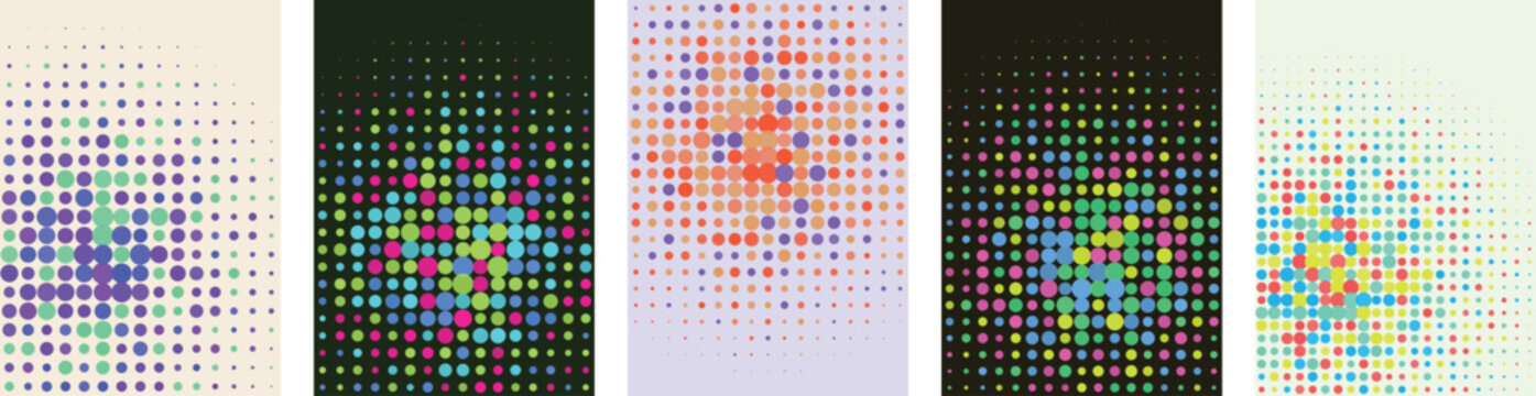A collection of modern abstract art featuring a colorful halftone poster set with geometric dot patterns and vibrant digital textures for creative design