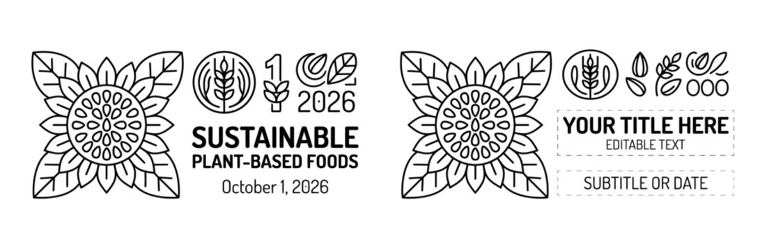 Two black and white line art templates featuring floral mandala designs and customizable text placeholders for sustainable food event branding.