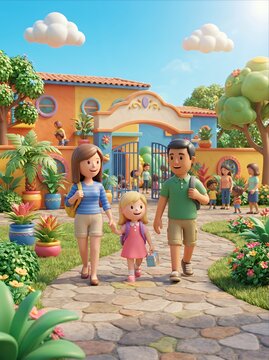 Family walks to school entrance
