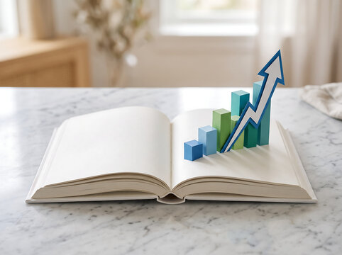 Financial data analysis and business growth concept with open white book, 3D bar chart and rising blue arrow on marble background.