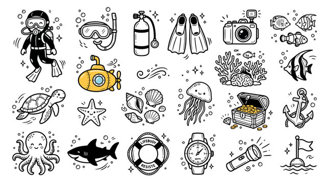 Underwater Adventure Doodle Set - Scuba Diver, Marine Life, and Ocean Exploration Gear.