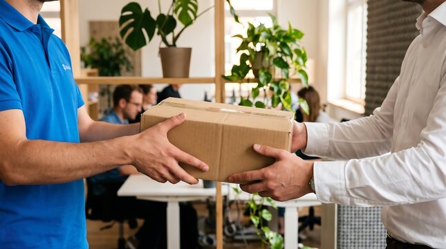 Delivery courier handing over a cardboard package to a customer in an office setting