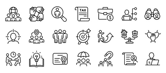 Fototapeta premium Human Resources Recruitment Line Icon Set. Hiring, Teamwork, Leadership and Business Management Symbols. Vector Illustration.