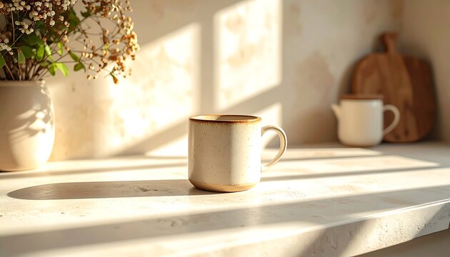 Ceramic coffee mug on kitchen counter in warm morning sunlight with dried flowers and shadows