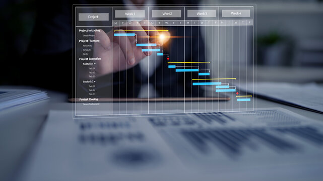 A focused view of a Gantt chart depicting project timelines and tasks, illustrating effective project management techniques and the importance of planning in business. Tessel
