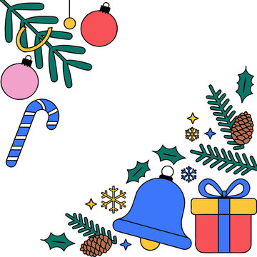 Festive Christmas Vector Illustration with Decorative Ornaments, Pine Branches, and Gift Box Frame