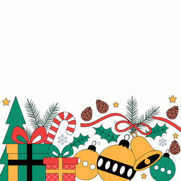 Festive Christmas decorative border with ornaments, wrapped gifts, candy canes, and pine branches on a white background