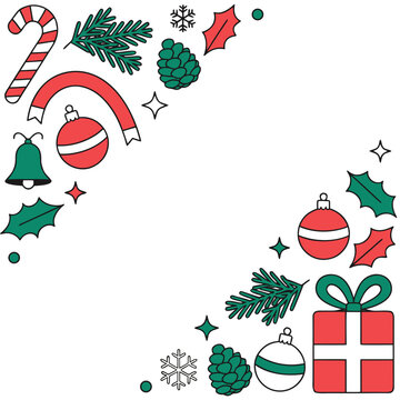 Christmas corner frame design with red and green holiday icons, pine branches, and gift box vector illustration