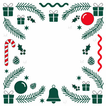 Christmas festive frame with pine branches gift boxes candy cane baubles and bells vector illustration