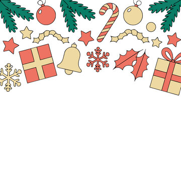 Festive Christmas Decoration Border with Pine Branches, Baubles, Candy Canes, and Gifts on a White Background